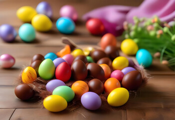 Obraz premium A variety of colorful chocolate Easter eggs and sweets on a wooden background