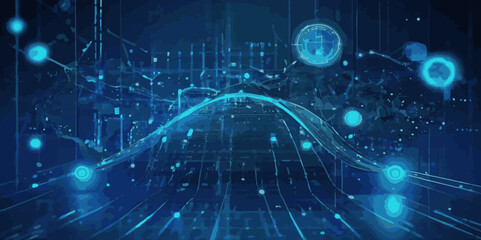 Abstract digital doted wave lines technology gradient blue background.Futuristic point wave technology background. Shiny moving lines design element. 
