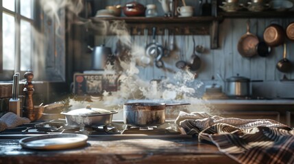 A steaming pot sits on a wooden table in a rustic kitchen.