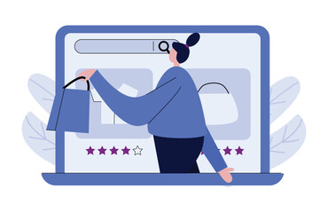 illustration concept of a woman shopping in an online shop, suitable for use for online shopping content and digital marketing