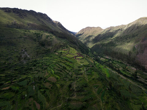 Aerial view of agricultural patterns near Pumamarca, Inca ruins, Ollantaytambo, Departamento del Cuzco, Peru.