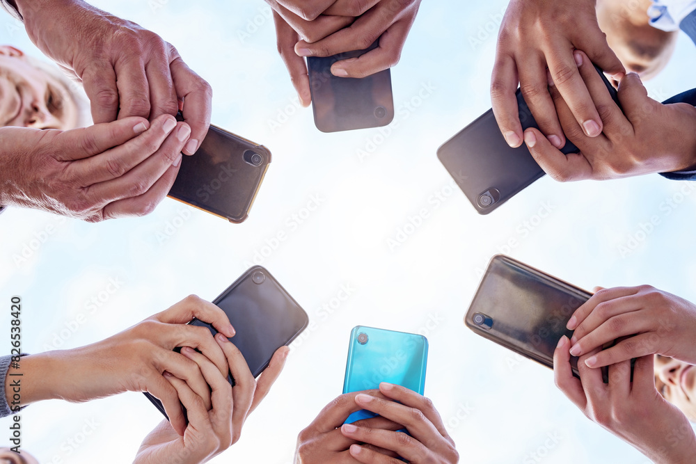Poster Mobile, hands and contact us in group with online networking, communication and connection in circle. People below with business meeting outdoor and typing on phone app of news or cloud storage chat