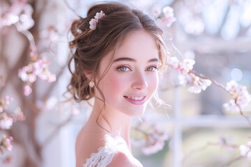 Naklejka premium Canadian woman smiling in fashionable dress in cherry blossom celebration