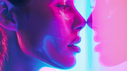 A close-up digital artwork of a person's face with vibrant neon lighting and reflections gives a futuristic and surreal aesthetic.