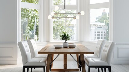 Obraz premium bright dining space with a wooden table, white leather chairs, and a minimalist light fixture, illuminated by natural light from large bay windows