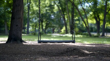 a lonely swing in the park, solitude in a summer park, peaceful park swing