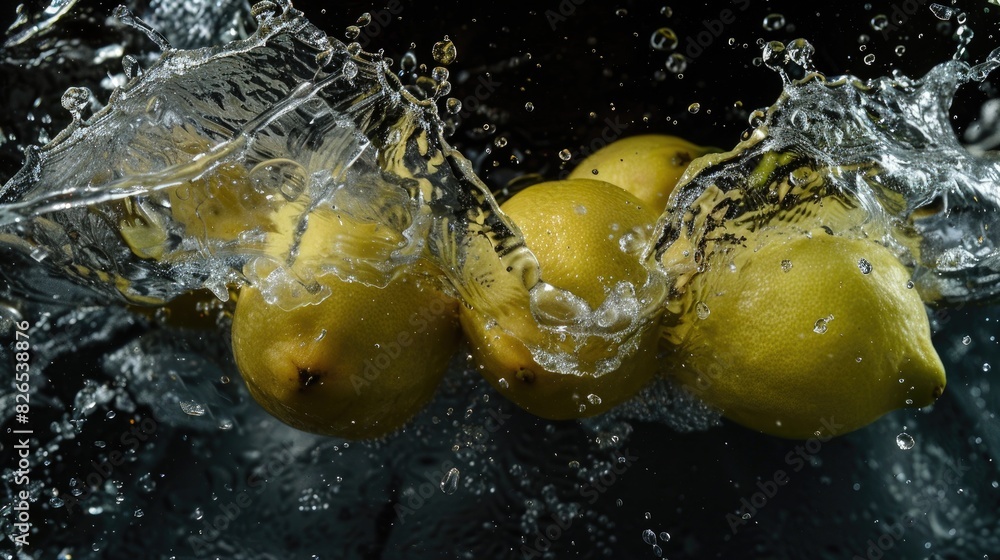 Aufkleber lemons dropping into water creating a design spray captured in frozen motion water splashing with is