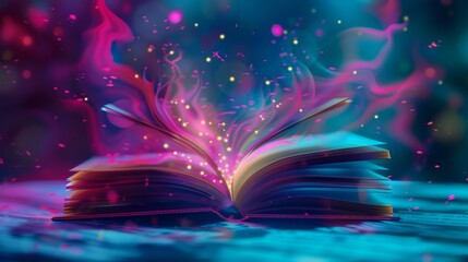 An open book emits mystical glowing lights and colorful swirls, creating a magical and enchanting atmosphere in a dreamy setting.