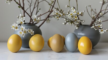 Yellow and gray Easter eggs colored with organic dyes