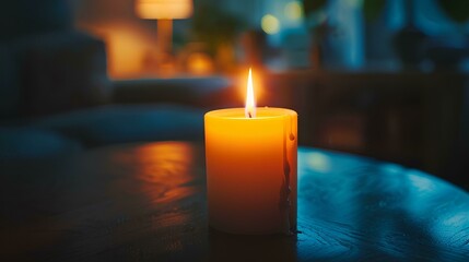 Candle burning on table in dark room. The evening lighting illuminates the candle flame. A heartwarming, peaceful and romantic concept background with copy space area. Bright orange light from the lit