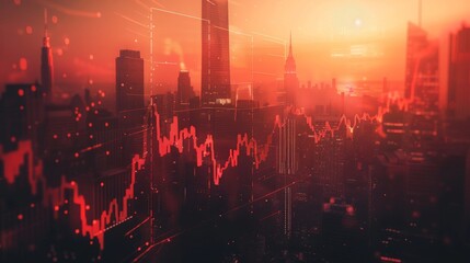 Obraz premium Urban skyscrapers collapsing with a downward financial graph close up, focus on, copy space Dramatic cityscape tones Double exposure silhouette with economic downturn