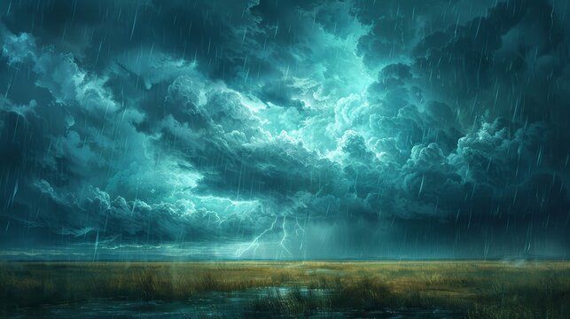 Dark stormy clouds rolling in with torrential rain, over an open field, realistic style.