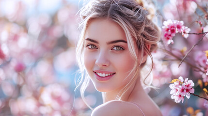 Caucasian woman smiling in fashionable dress in cherry blossom celebration