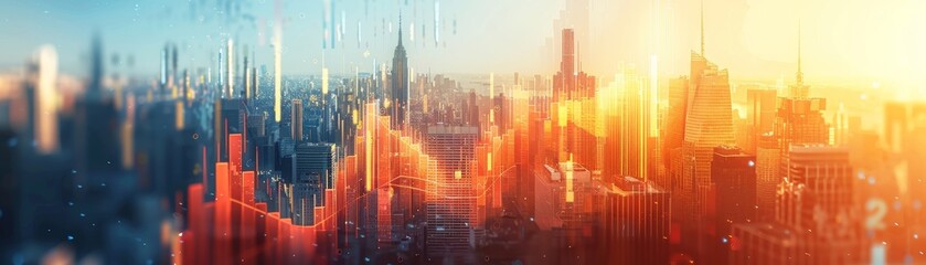 Fototapeta premium Buildings soaring up with an upward financial graph close up, focus on, copy space Vivid architectural tones Double exposure silhouette with economic development