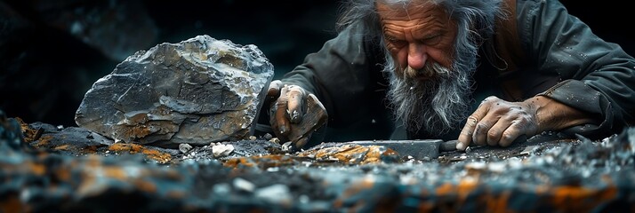hunter sharpening a stone tool against a whetstone photographed using chiaroscuro lighting to create dramatic contrast