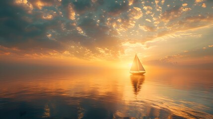 Sailboat Voyage Into Breathtaking Sunset Over Tranquil Seascape Symbolizing the Energy of New Beginnings and Exciting Journeys