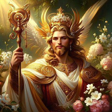 Baldr, the Norse god of light and purity known for his beauty and goodness, in a celestial glow that radiates warmth and divinity. Golden armor. Golden staff. Flowers. Peaceful aura. Generative AI
