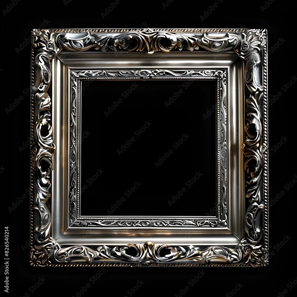 Poster elegant engraved silver frame ideal for formal portraits and certificates isolated on dark backgroun