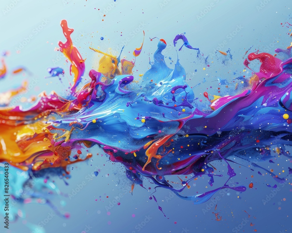 Poster a vibrant and dynamic abstract painting with splashes of colorful paint creating a stunning visual e
