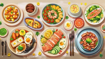 Illustrate a dynamic visual of a personalized meal plan delivery service, showcasing various dishes tailored to individual nutrition needs in a photorealistic style