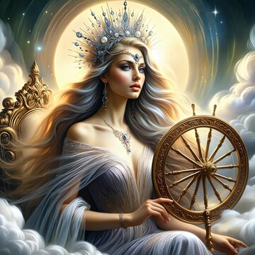 Frigg, the Norse goddess of wisdom, foresight, and domesticity on her heavenly throne. A golden spinning wheel, symbol of destiny and threads of life. Authority and elegance. Moonlight. Generative AI