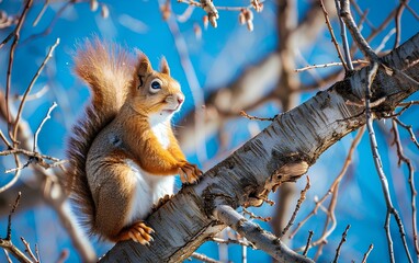 Obraz premium Cute American red squirrel with a big fluffy tail sitting high on a tree branch
