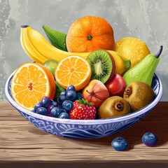 Produce a vibrant digital illustration of a colorful fruit bowl arranged neatly on a wooden table, showcasing a variety of fruits like oranges, bananas, and kiwis