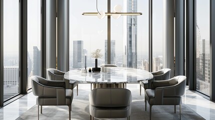 luxury dining room with a round marble table, grey leather chairs, and a minimalist light fixture, surrounded by floor-to-ceiling windows letting in ample daylight