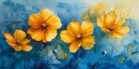 Yellow cosmos flowers image mix with painted watercolor on paper  