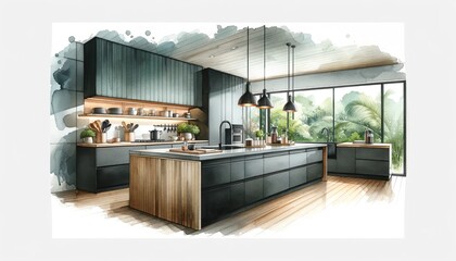 This image depicts a bright and airy modern kitchen with large windows overlooking a lush garden.