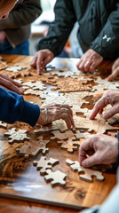 Multicultural Teamwork with Wooden Puzzle Pieces