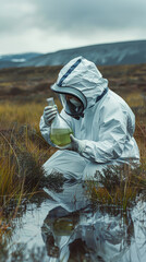 Environmental Investigator Examining Green Liquid in Flask in Isolated Field for Health Safety and Regulatory Compliance