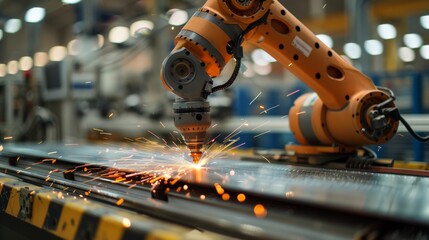 AI robot cutting metal sheet for efficient manufacturing, Created with Generative AI.