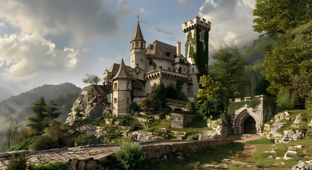 Fototapeta premium Majestic Medieval Castle Nestled in a Enchanting Mountainous Landscape with Mystical Forest Surroundings