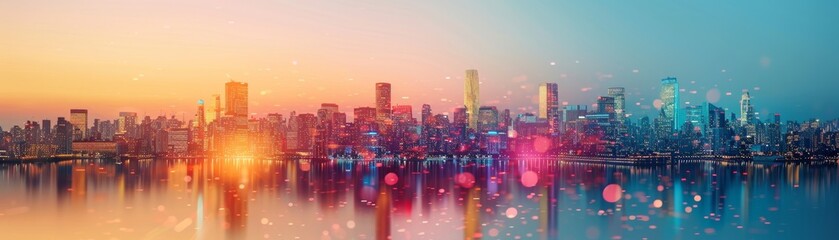 Fototapeta premium Cityscape expanding upward with a clear sky background close up, focus on, copy space Lively downtown colors Double exposure silhouette with freedom