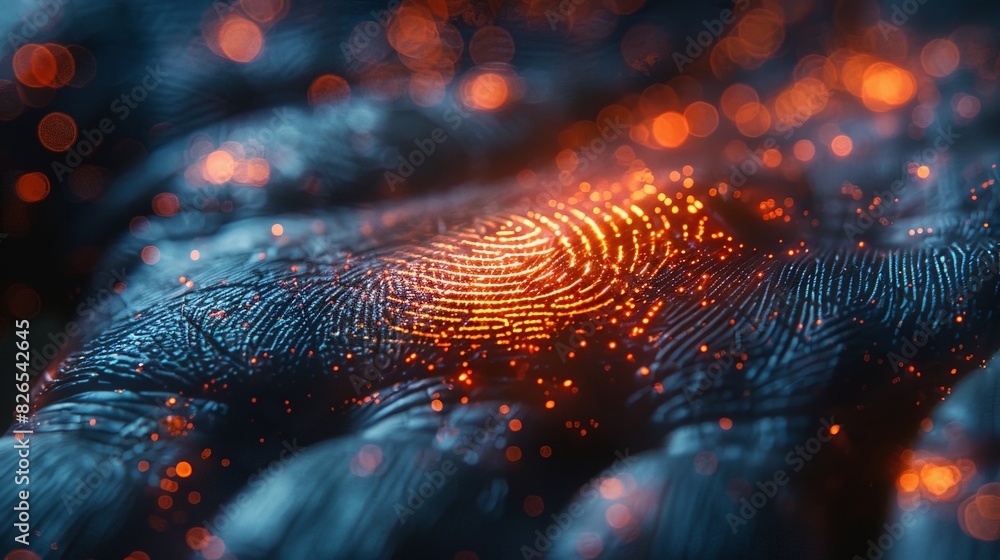 Poster a detailed close-up view of a fingerprint pattern on a glowing surface, showing unique ridges and sw
