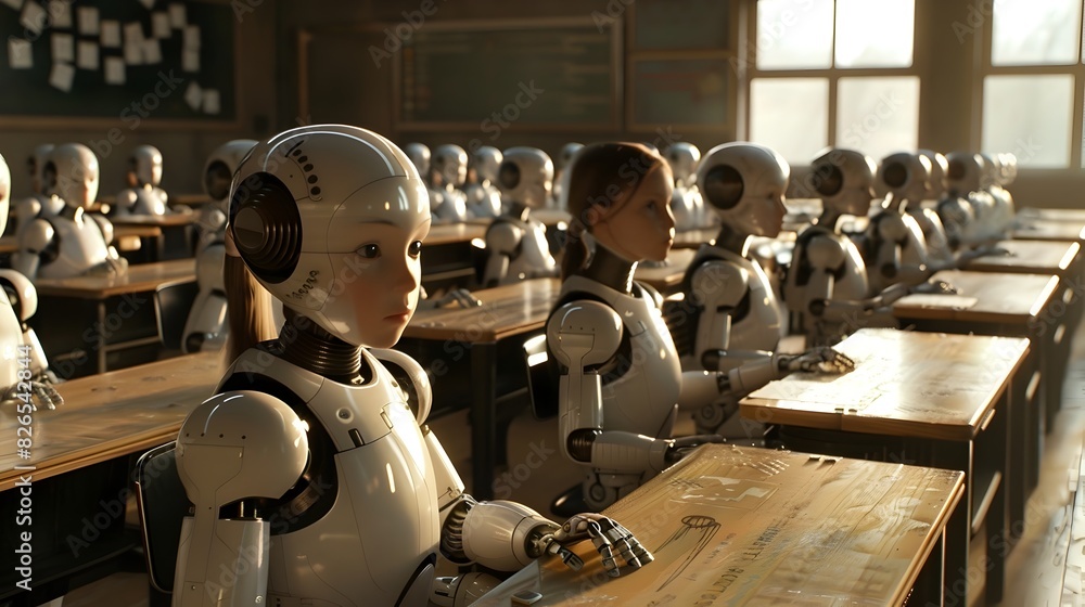 Poster futuristic classroom with rows of robots engaged in educational activities