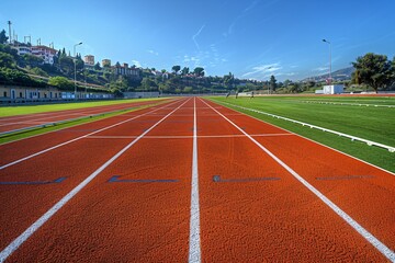 Dynamic Low Angle View of an Empty Stadium Track with Focus on the Starting Line - Athletics, Sports, and Competition Concept