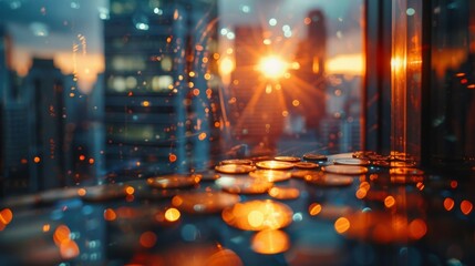 Modern city buildings crumbling with scattered coins close up, focus on, copy space Intense architectural details Double exposure silhouette with economic collapse