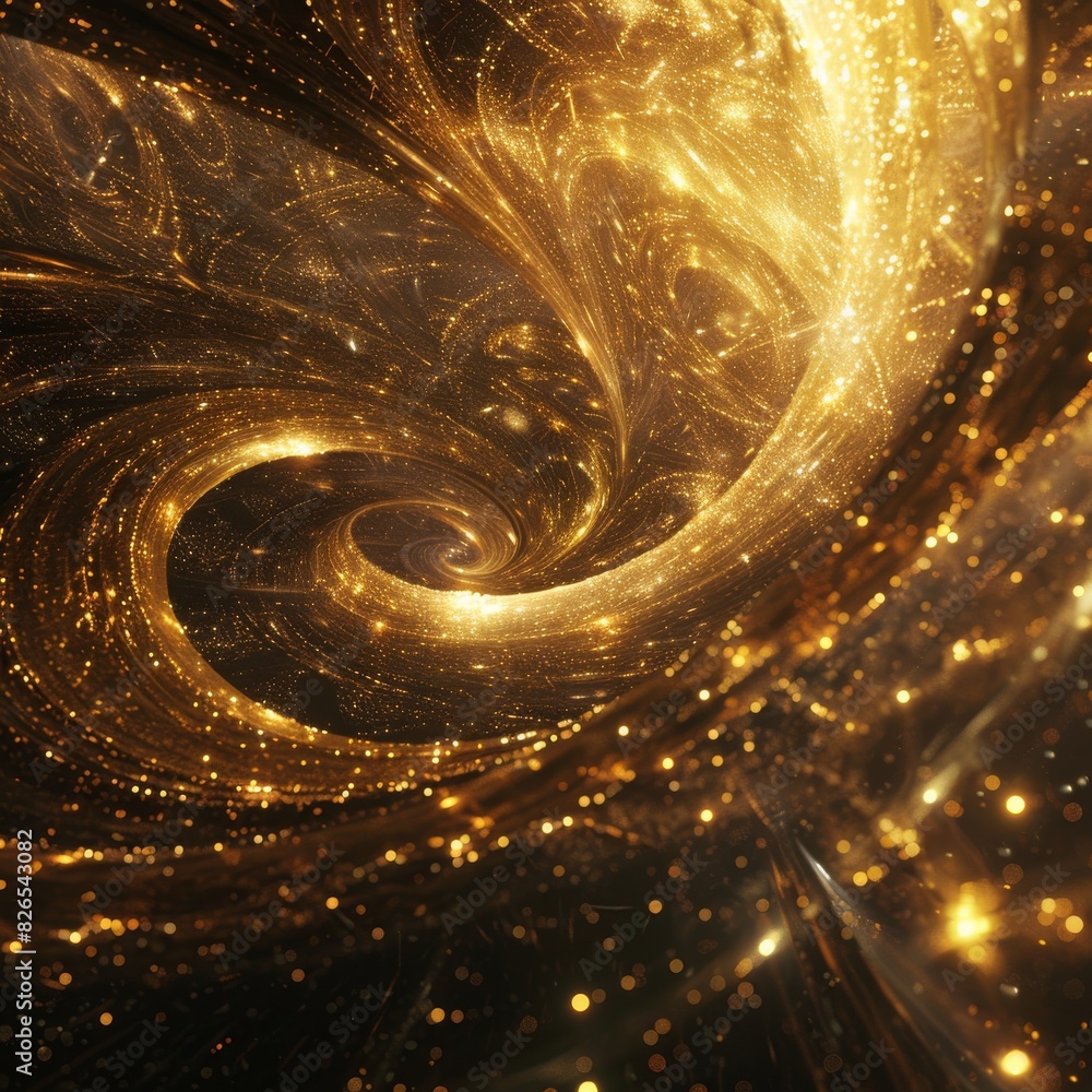 Poster abstract art of swirling golden light rays creating a mesmerizing vortex pattern with a cosmic and m