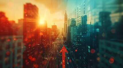 Fototapeta premium Cityscape expanding upward with an upward arrow close up, focus on, copy space Lively downtown colors Double exposure silhouette with prosperity