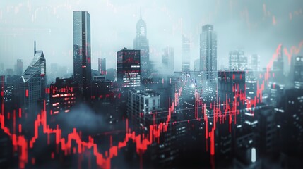 Urban skyscrapers collapsing with a downward financial graph close up, focus on, copy space Dramatic cityscape tones Double exposure silhouette with economic downturn