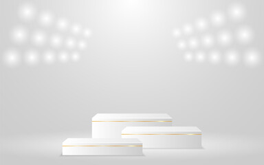 Multi-layered white podium with gold lines and spotlights shining down for product presentation. Display of cosmetic products. Stage or podium. vector illustration