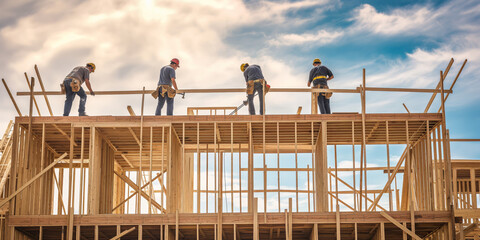 Fototapeta premium Group of construction workers framing a new house under clear skies on wooden beams