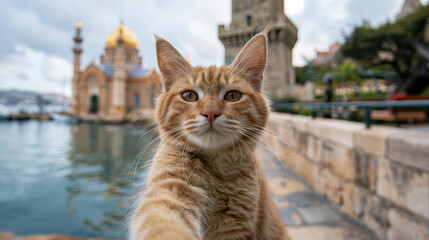 A ginger cat is taking a selfie in front of a beautiful castle. The cat has one paw in the air and is looking at the camera with a serious expression.