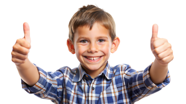 Cheerful Boy Thumbs Up – Close Portrait: A cheerful young boy showing a thumbs up, isolated on a white background.
 - Powered by Adobe