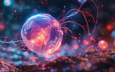 A futuristic, photorealistic 3D rendering of a glowing, vibrant human cell undergoing regeneration