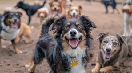 A group of happy dogs playing at the dog park
