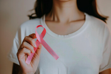 Woman Holding Pink Ribbon for Breast Cancer Awareness in Daylight Indoors