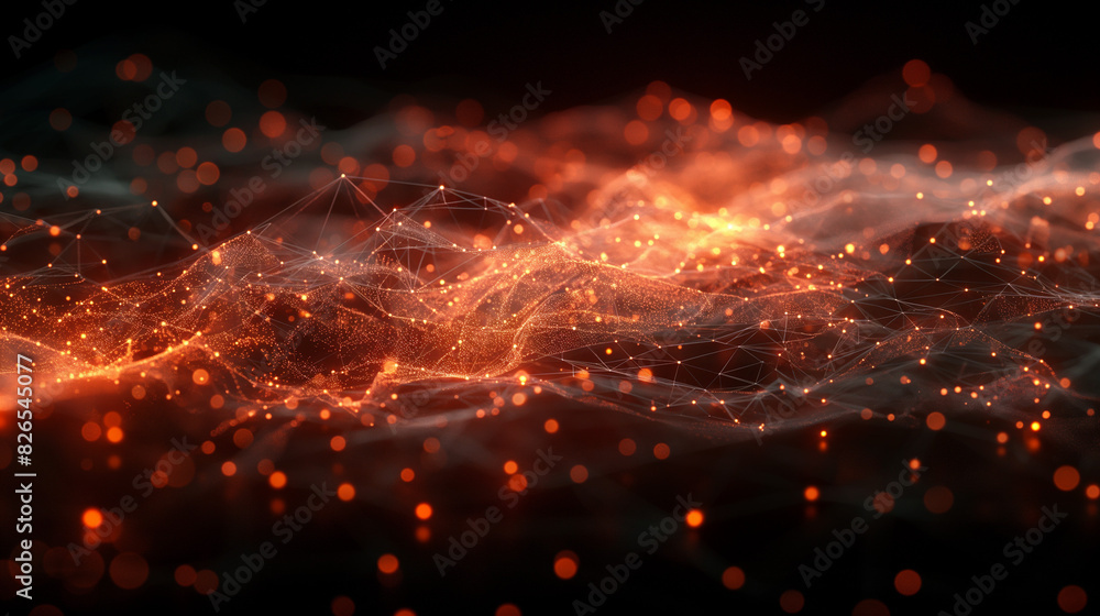 Poster a 3d mesh representing a complex business network, with connections visualized as glowing lines and 